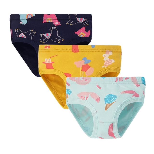 MIASHUI Girls Briefs Comfty Cotton Underwear Undies Multipacks Girls Panties 3 Packs in blue, designed for toddlers aged 3-4 years. The set includes three pairs of cotton underwear featuring colorful and playful prints, including llamas, balloons, and animals. Each pair has a comfortable elastic waistband and soft leg openings for all-day comfort. Ideal for everyday wear, these breathable and absorbent briefs are machine washable and maintain their quality after washing.