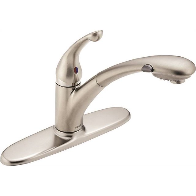 Delta Faucet Signature Single-Handle Kitchen Sink Faucet with Pull Out Sprayer, Arctic Stainless 470-AR-DST