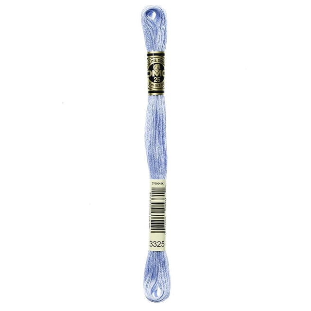 DMC Blue Cotton 6 Strand Floss 8m skein in light blue, made from 100% long staple Egyptian cotton with double mercerized sheen, wrapped with black and gold DMC label and white barcode band, ideal for embroidery, cross-stitch, needlepoint, and scrapbooking.
