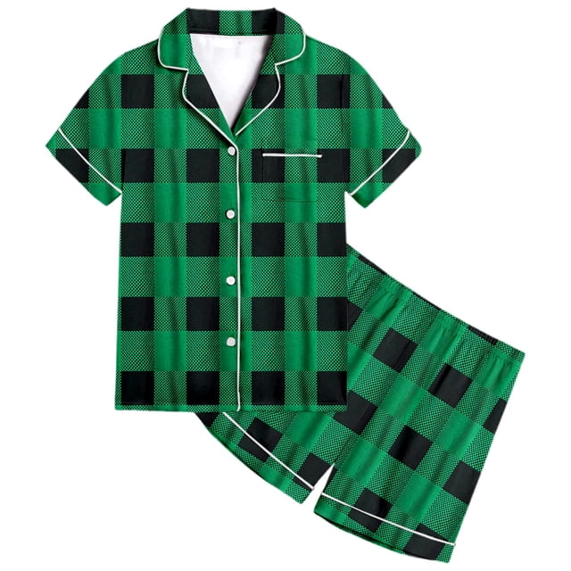 MIASHUI Pyjama pour Enfants Filles Garçons Doux et Confortable à Carreaux Pyjama Ensemble 2 Pcs, Vert, 8-9 Ans