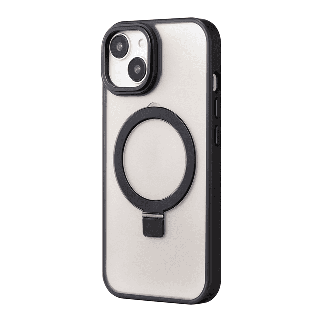 Artikl Lux Pro MagSafe Compatible Clear Case for iPhone 15/14/13 in black with slim transparent back and black edges, raised camera lip, built-in circular kickstand for hands-free viewing, 10ft drop protection, and full access to buttons and ports, compatible with wireless charging.