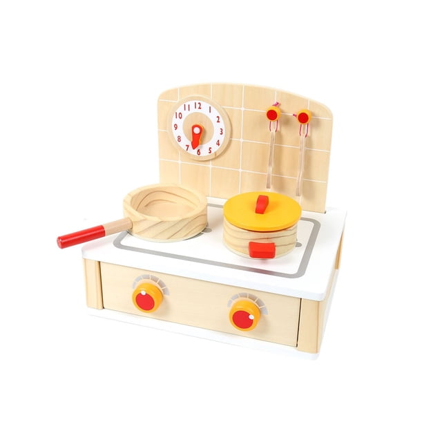 Tooky Toy Fun and Educational Wooden Cute Kitchen Set with a wooden stove featuring two red and yellow control knobs, a frying pan with a red handle, a pot with a yellow lid, a clock on the wooden backsplash, and two hanging utensils, designed for pretend play and fine motor skill development.