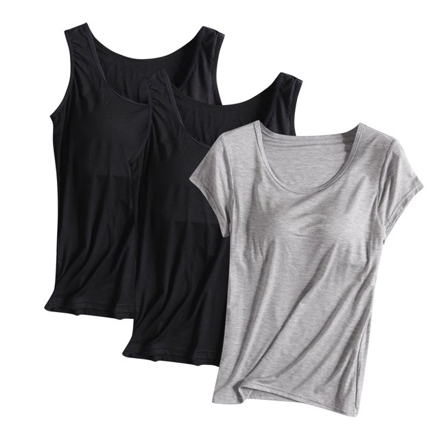 Diufon Lot de 3 Hauts pour Femmes Sans Manches & Manches Courtes Blouse Décontractée d'Entraînement d'Été Basique Col Rond