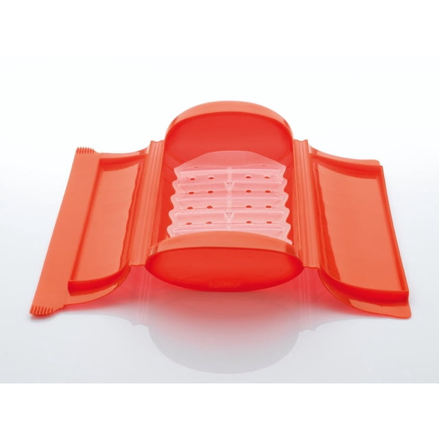 Lekue Steam Case For 1 to 2 Person in bright orange BPA-free silicone with fold-out sides and a clear perforated steam tray, designed for quick, healthy microwave steaming in kitchenware cookware food steamers, also suitable for gently reheating delicate foods.