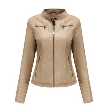 Leather Motorcycle Jacket Womens Slim-Fit Leather Stand-Up Collar Zipper Motorcycle Suit Thin Coat Jacket