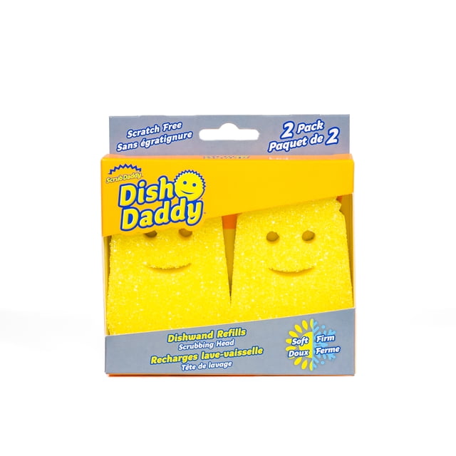 Scrub Daddy Dish Daddy Recharges de Baguette à Vaisselle à Récurer Non Abrasives, Lot de 2, Montrant Deux Têtes d'Éponge Jaunes Souriantes dans une Boîte Jaune et Grise avec Texte Bilingue Anglais et Français, Mettant en Valeur des Caractéristiques de Récurage Sans Égratignures, Douces et Fermes.