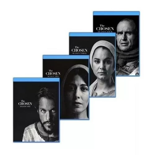 The Chosen Série Complète Saisons 1-4 en Blu-ray, un Drame Décrivant la Vie de Jésus-Christ et l'Appel de Ses Premiers disciples. la collection Comprend Quatre Étuis Blu-ray, Chacun avec une Couverture Minimaliste en Noir et Blanc, en format Région 1.