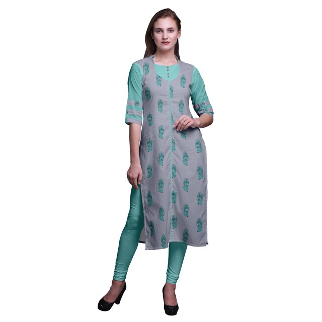 Bimba Kurti Longue Droite pour Femmes Imprimée Indienne en Rayonne Slub Tunique à Manches 3/4
