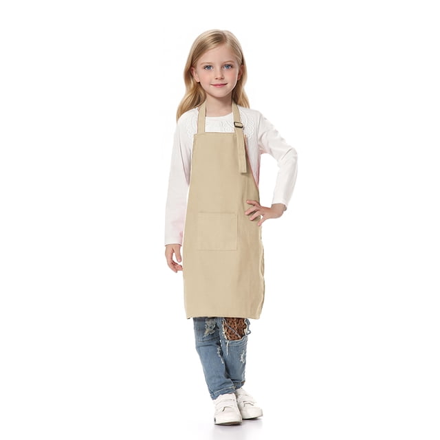 TOPTIE Kids Aprons with Pocket & Adjustable Strap, Child Chef Bib Apron for Kitchen Cooking Baking Painting-Khaki-XL
