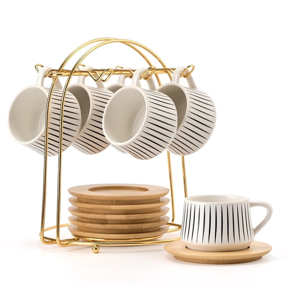 LUKA Tasses à Café Espresso en Céramique avec Soucoupes, Ensemble avec Support en Métal, Tasses en Porcelaine de 4 oz en Demi-Tasse pour Thé, Espresso, Latte, Café, Café Moka, Ensemble de 6, Blanc