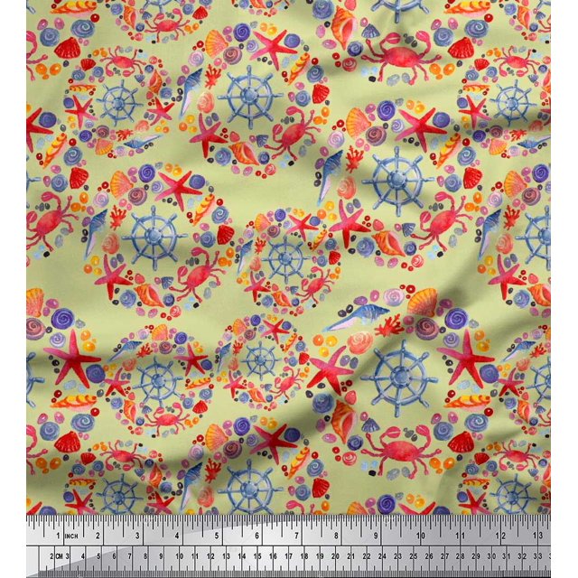 Soimoi Beige Velvet Fabric Ship Wheel,Starfish & Seashell Ocean Print Sewing Fabric Yard 58 Inch Wide