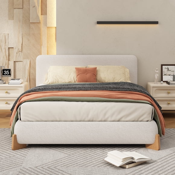 GDF Studio Eryndor Modern Queen Size Upholstered Boucle Platform Bed with Headboard, Wood Frame, White