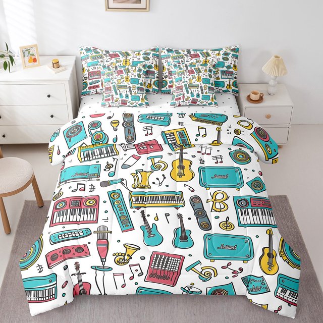 Music Themed 7 Piece Comforter Set Full Bed in a Bag,Headphones Bedding Sets Violin Notes Sheet Set with Comforter,Electric Guitar Musical Instruments Bed Set