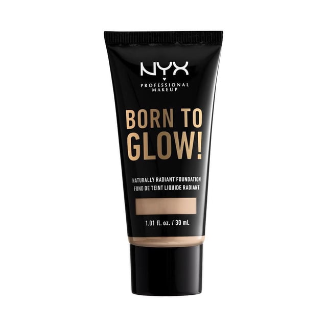 NYX Professional Makeup Born to Glow! Naturally Radiant Foundation, 30 mL, a liquid foundation in a black tube with bold gold lettering. This buildable medium coverage foundation enhances natural radiance and is available in 45 inclusive shades for diverse skin tones.