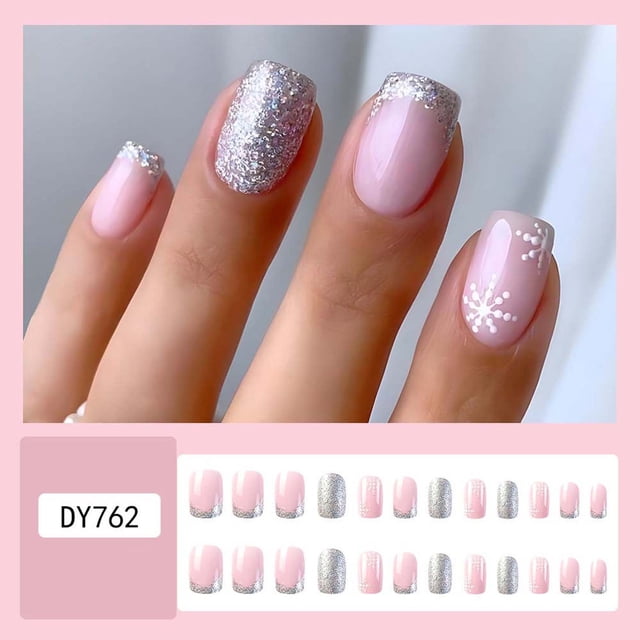 Aursykel 24 Piece French Fake Nails Set with Nail Art Kit for DIY Manicure Includes 12 Sizes Wearable Nail Stickers Snowflake Non Fade ABS Safe Material Nail File Stickers