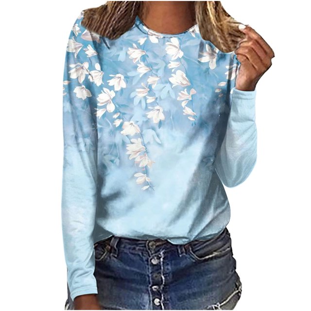 IROINID en Solde T-Shirt à Manches Longues en Polyester pour Femmes Confortable Dames Col Rond Hauts Amples T-Shirts Imprimés Blouse, Bleu Clair