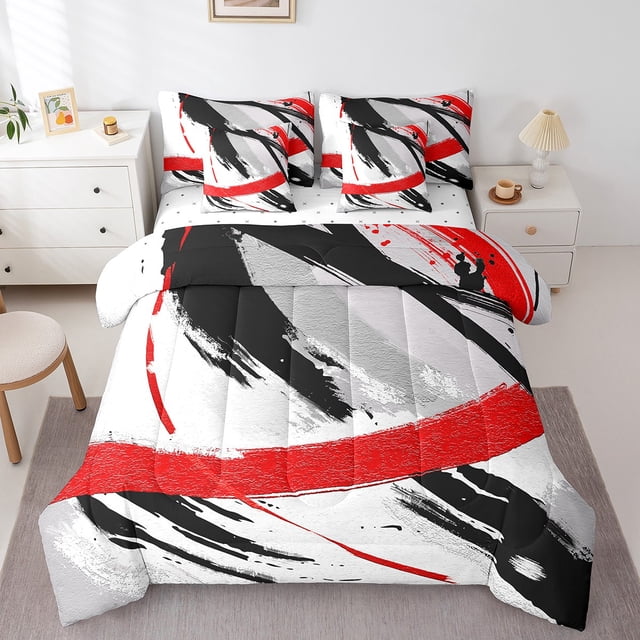 Ensemble de literie rouge gris noir YST, dégradé abstrait, 7 pièces, moderne, reine