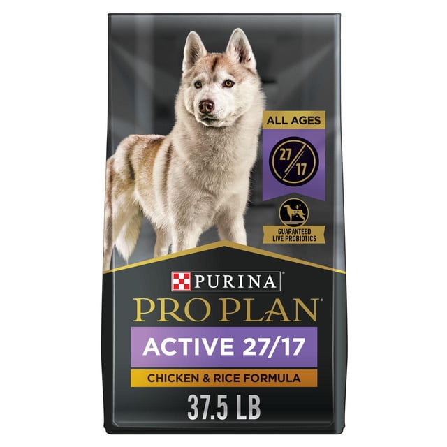 Purina Pro Plan Sport Active 27/17 Chicken & Rice Formula dry dog food 17 kg (37.5 lb) bag showing a standing Siberian Husky, formulated with 27% protein and 17% fat to support active dogs of all ages, enriched with guaranteed live probiotics.