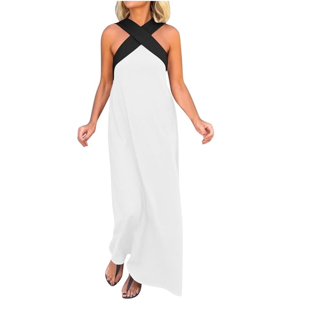 Robes à Encolure Croisée pour Femmes Sans Manches à Blocs de Couleur Robes Maxi Amples Décontractées de Vacances Longue Robe Blanche, m