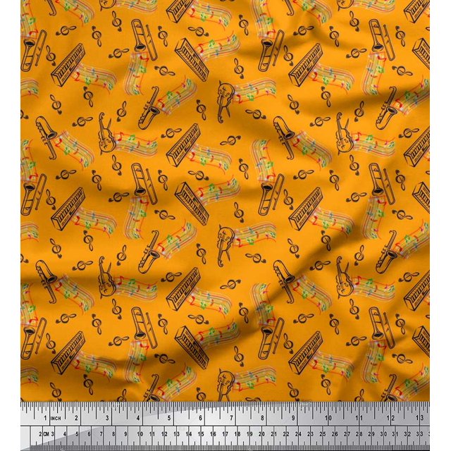 Soimoi Georgette Viscose Fabric Notes,Piano & Guitar Musical Instrument Printed Craft Fabric by The Yard 42 Inch Wide