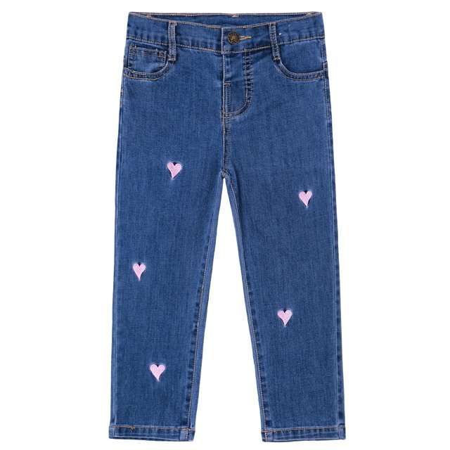 KIDSCOOL SPACE Baby Little Girls Jeans,Ripped Color Stars Embroidered Strechy Denim Soft Slim Pants,Deep Blue,12-18 Months