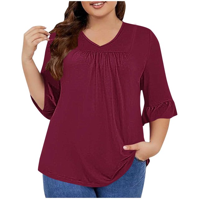 Timegard Plus Size Tops for Women V-Neck Ruched Ruffle 3/4 Sleeve Comfy Tee Shirts Casual Loose Tops