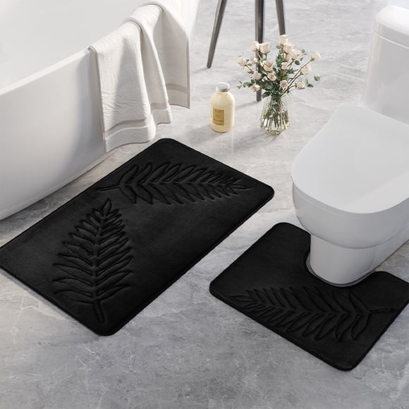 Fridja Summer Clearance Bathroom Rugs Sets 2 Piece Non Slip, Leaf Bath Mats for Bathroom Floor Set of 2, Ultra Soft and Quick Dry Bath Rugs, Machine Washable Rugs for Bathtub, Shower, Black