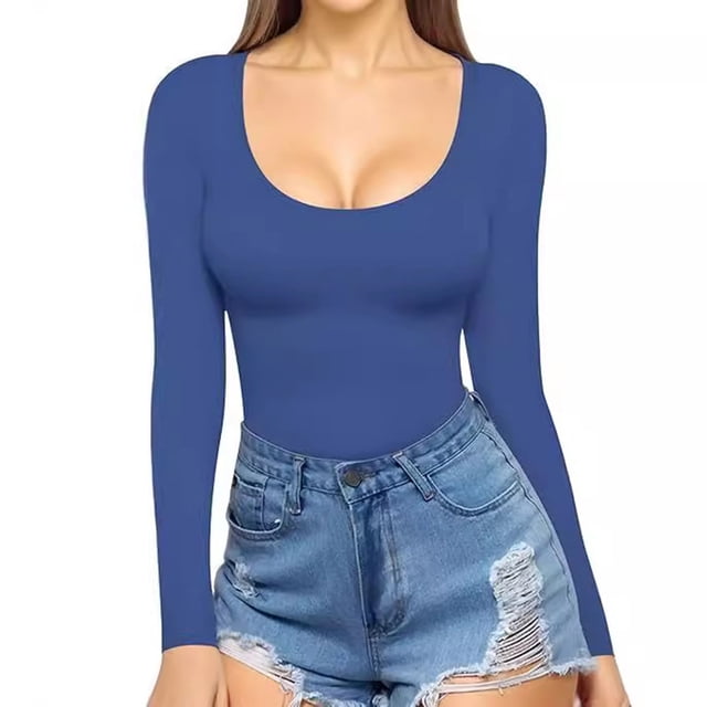 tarylea Women's Cute Tops U Neck Ribbed Slim Fitted Tops Long Sleeve Solid Color Shirts Casual Fall Going out Tops