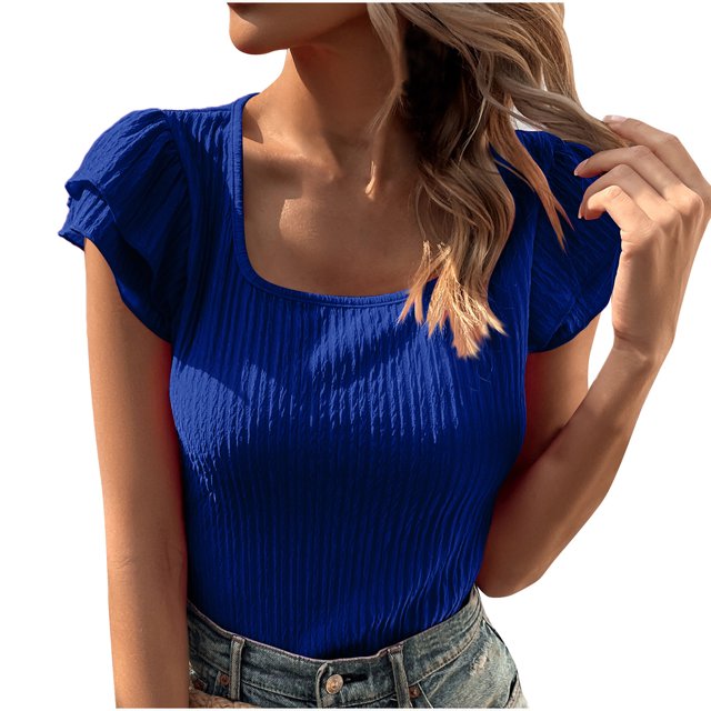 RKSTN Womens Tops 2024 Fashion Short Sleeve Round Neck Pleated Comfortable Blouses Tops Slim Fit Solid Color Versatile Summer Tops