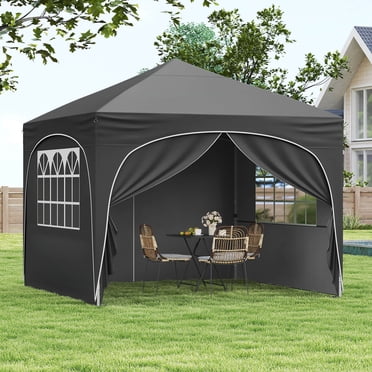 Costway 10 X 10 FT Pop up Canopy Tent whth 1 Sidewall Wheeled Bag 4 Sandbags 4 Ropes, Gray