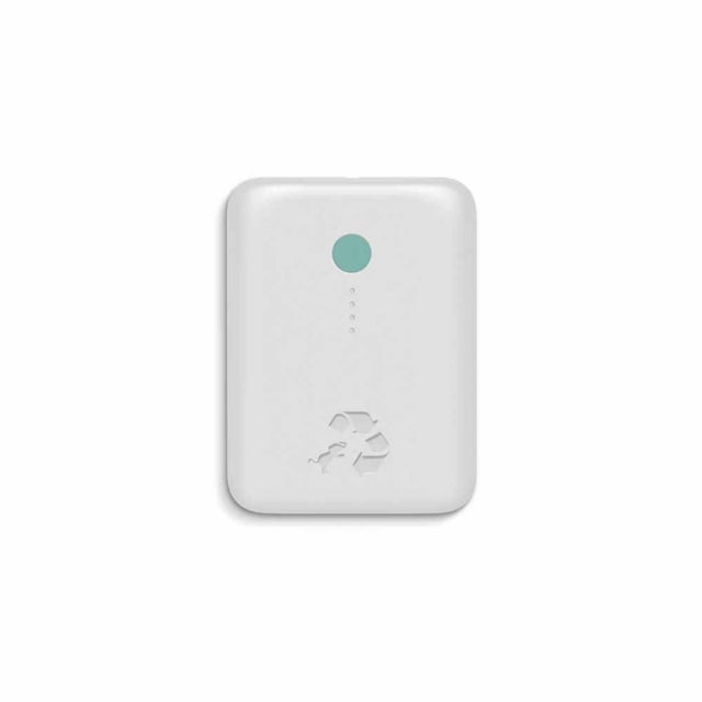 Nimble Champ Lite 5200 mAh Portable Battery 15W White portable charger with compact rectangular shape, rounded edges, smooth white finish, green circular power button, four LED charge indicators, and recessed recycling symbol, designed for high-speed charging and eco-friendly use.