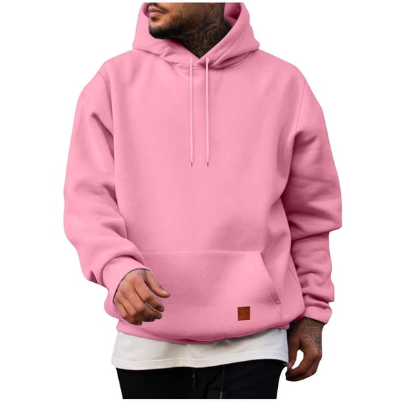 LMKIHUSA Hoodie Pullover for Men Plain Long Sleeve Drawstring Sweatshirts Casual Trendy Loose Sherpa Comfy Pullovers with Pockets Pink,S