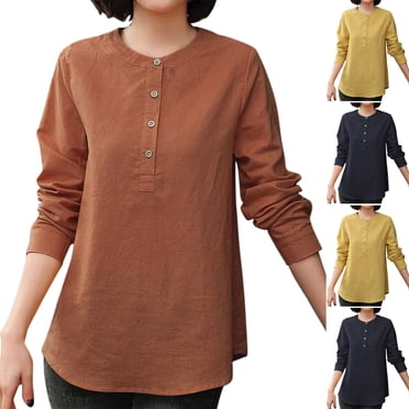Sentmoon Hauts Habillés pour Femmes en Lin à Col Rond à Manches Longues Tenues pour Femmes Surdimensionnées Respirantes Amples de Couleur Unie Vêtements pour Femmes Tendance Confortables pour Visites de la Ville TTG