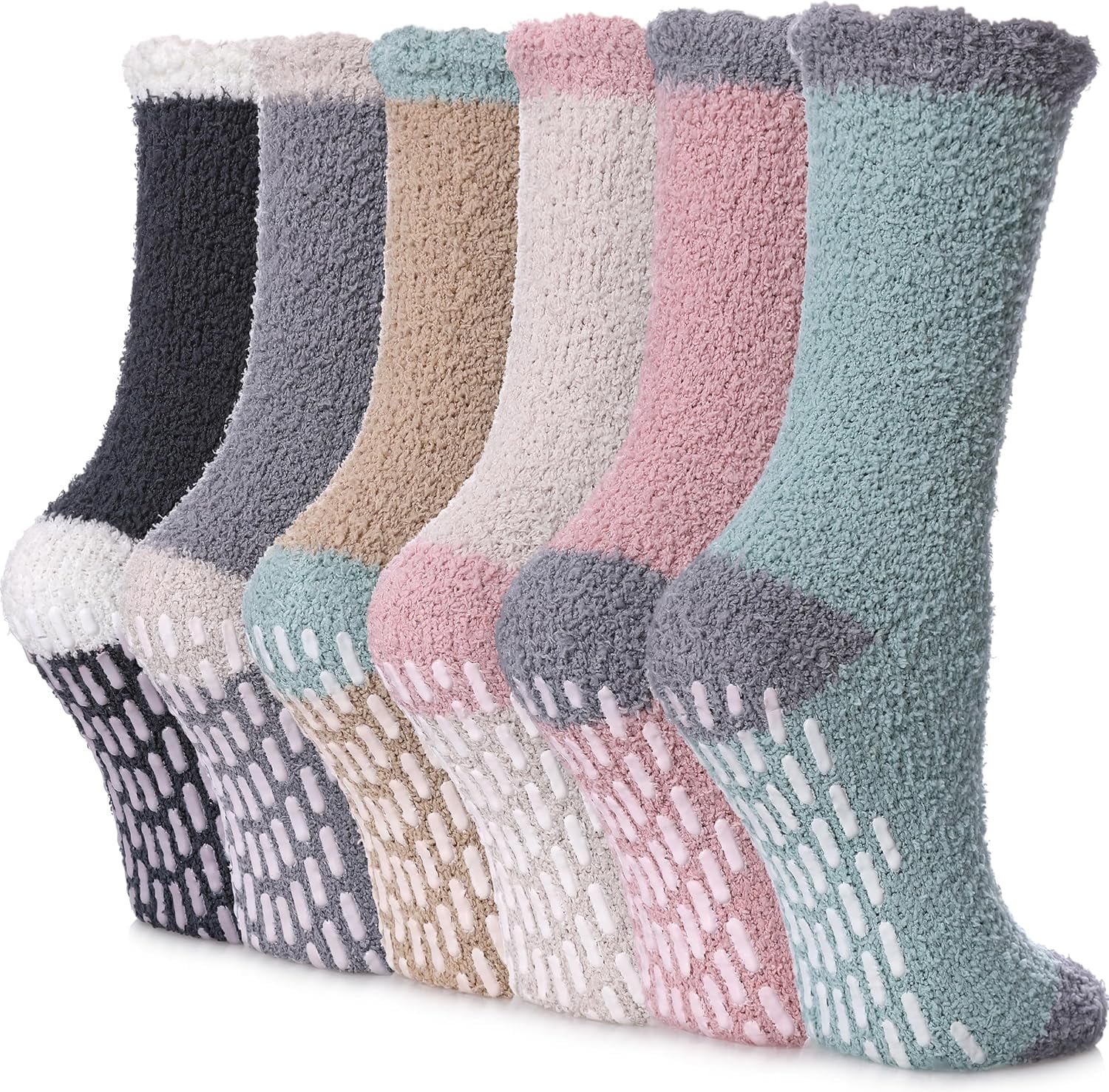 6Pairs Non Slip Socks for Women Winter Warm Cozy Fuzzy Slipper Socks Soft Fluffy Hospital Socks with Grips