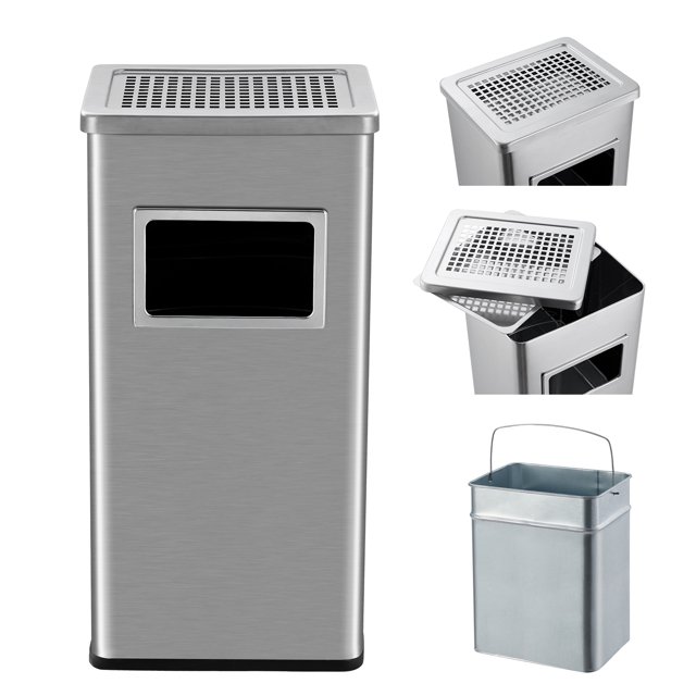 8 Gallon/30 L Indoor Outdoor Trash Can, Commercial Garbage Can with Removable Inner Bucket, Stainless Steel Metal Bin, Waste Bin Container with Lid for Outside Patio