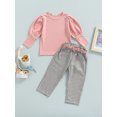 thumbnail image 2 of Faithtur Toddler Kids Girls 3 Pieces Outfits, Solid Color Ribbed Round Neck Long Sleeve Tops + Plaid Long Pants + Belt Set, 2 of 8