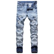 EGNMCR Jeans for Men, Men's Elastic Waist Loose Fit Denim Pants, Mens Pull On Jeans Men's High-end Stretch Nostalgic Frayed Slim-fit Jeans Men Pants