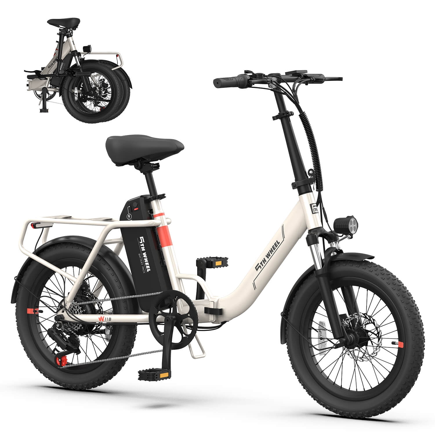 5TH WHEEL W11B-W 20" Fat Tire Electric Bike, 500W Foldable Ebike Adult Electric Mountain Bike with 48V 15.6Ah Removable Battery, White Electric Bicycle with 7 Speed, UL2849