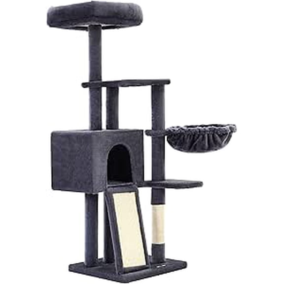 FEANDREA Cat Tree, 53.1-Inch Cat Tower for Indoor Cats, Multi-Level Cat Condo with Removable Washable Perch Cover, Cat Furniture with Scratching Post and Board, Basket, Cave, Smoky Gray