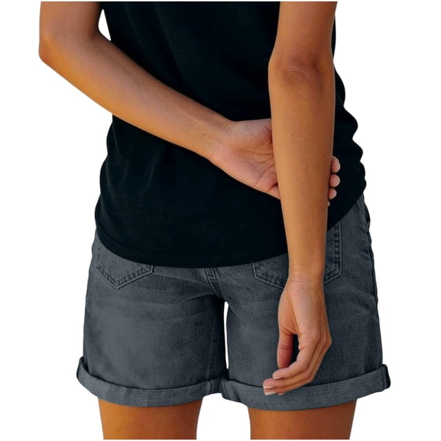 FYEGRE Short pour Femmes Décontracté Extensible Taille Haute Short en Jean Coupé Short en Denim Short Décontracté Confortable de Plage pour Femmes avec Cordon Gris m