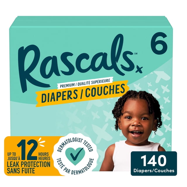 Rascals Premium Absorbent Baby Diapers Size 6 Mega Carton with teal packaging, featuring 140 unisex disposable diapers offering up to 12 hours leak protection and dermatologist-tested hypoallergenic materials for infants and toddlers.