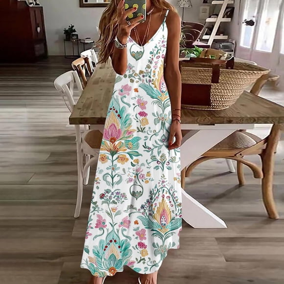 Elvqul Womens Summer Dress Pullover V Neck Maxi Dresses Sleeveless Floral White Cami Dress for Women 2026