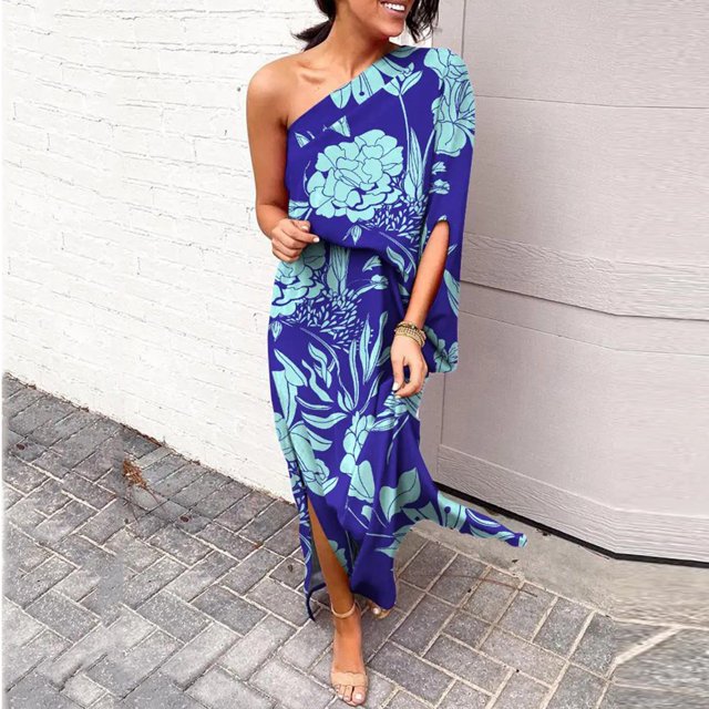TMOYZQ 50 % de Rabais Été! Robe Longue Maxi à une Épaule pour Femmes, Ourlet Fendu, Imprimé Floral, Manches Courtes Évasées, Coupe Ample Froncée, Robe de Cocktail, Robe de Soirée, Robes d'Invitée de Mariage