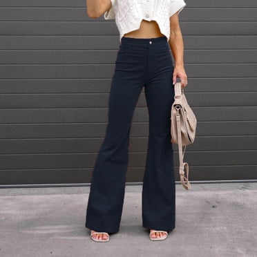 Levmjia Women's Jeans Plus Size Pants Clearance Summer Women's Fashion Slim Fit Comfortable Solid Color Pocket Casual Flared Pants Navy