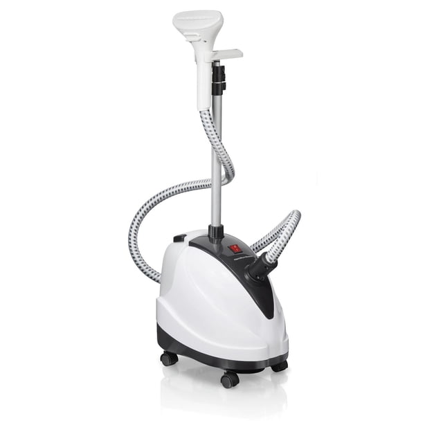 Hamilton Beach Full-Size Garment Steamer 11552CR with white and black wheeled base, flexible silver steam hose, and white steam nozzle on adjustable pole, delivering up to 90 minutes of continuous steam to remove wrinkles and refresh fabrics including curtains and bedding.