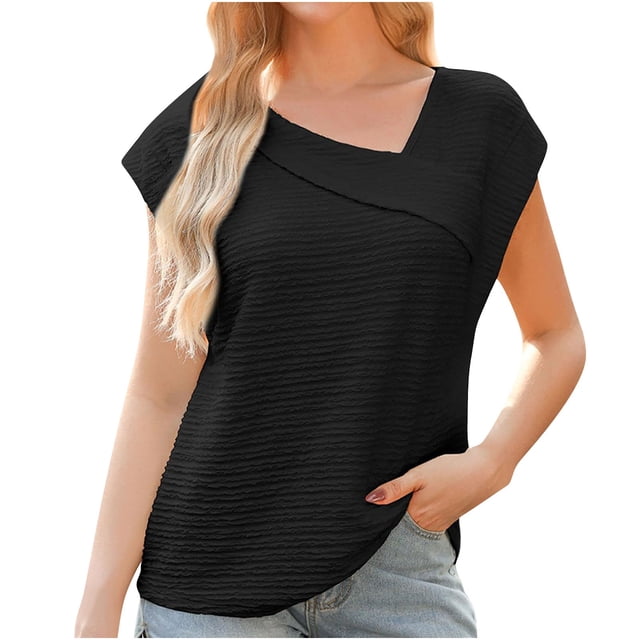 Timegard Womens Tops Irregularly V Neck Cap Sleeve Solid Color Comfy Blouse Dressy Casual Tank Tops