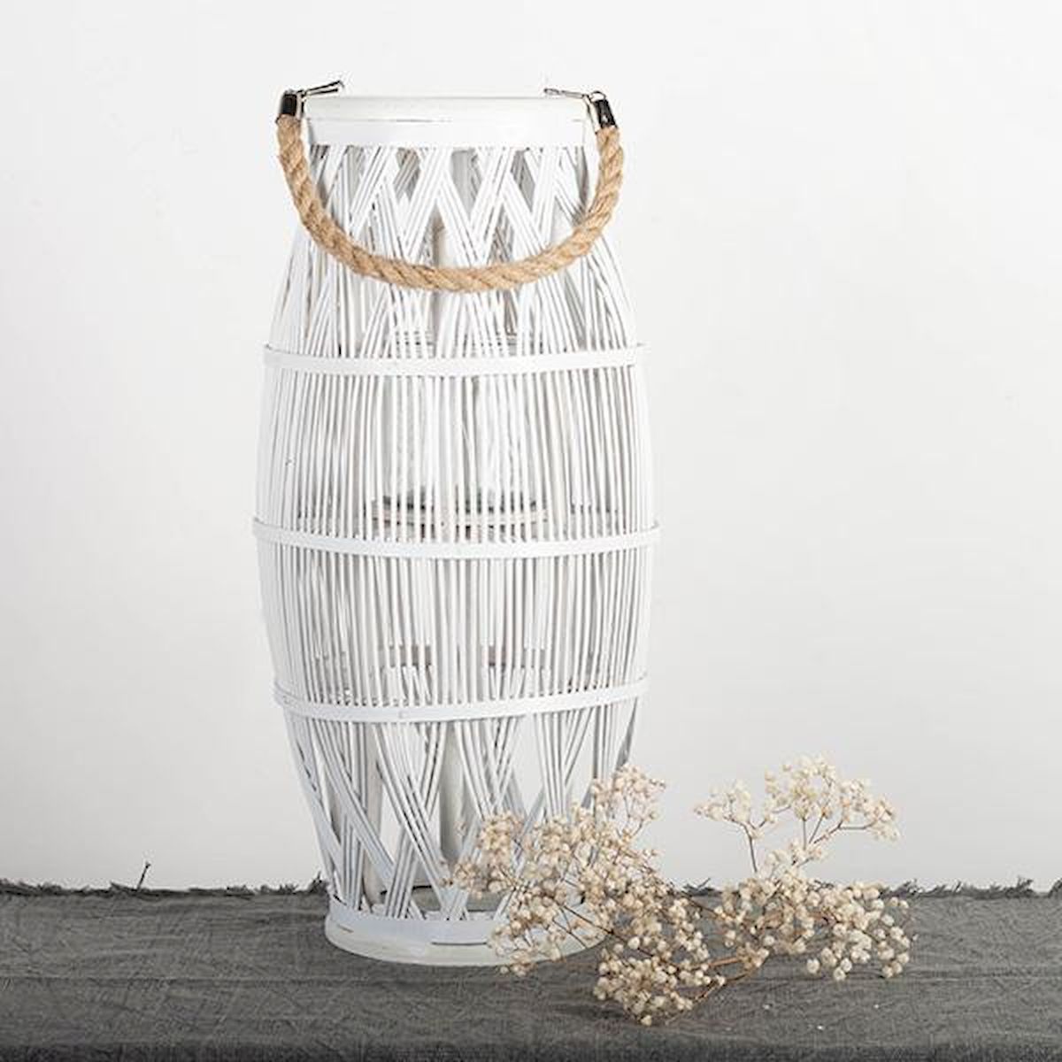 White Willow With Rope Handle Candle Lantern