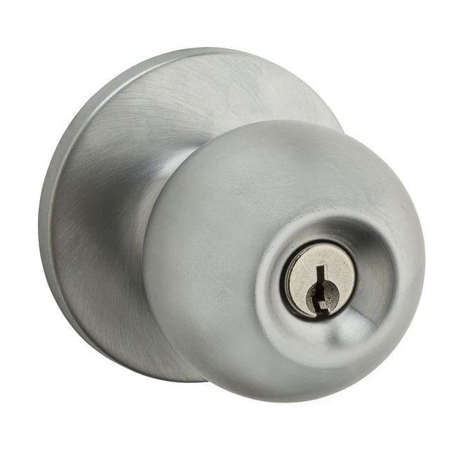 Safelock Regina Bouton d'Entrée avec Fini chrome Satiné, Vue Orientée vers l'Avant du Bouton Rond à Clé et de la Plaque de base Circulaire, Certifié ANSI/BHMA grade 3 pour la Sécurité des Portes Extérieures, Prise Universelle Convient aux Portes pour Droitier Ou Gaucher, s'Installe Facilement avec un Tournevis.