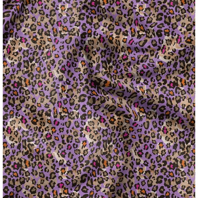 Soimoi Purple polyester Crepe Fabric Leopard Animal Skin Printed Fabric 1 Yard 52 Inch Wide