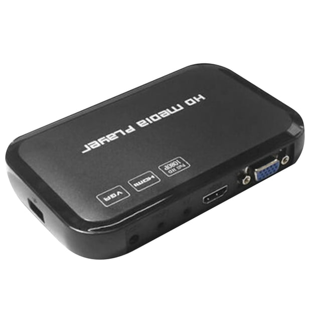 DPTALR 1080P Android TV Box Ultra HD Media Player WIFI Smart Streamer Quad Core 3D Home — centered front-facing view of a compact black matte Android media player showing a USB HOST 2.0 port, HDMI output and green power indicator lit; included remote and 5V/2A power adapter sit beside it on a plain surface to illustrate connectivity and scale, often used to play Full HD (1920x1080) video and read SD/USB storage.